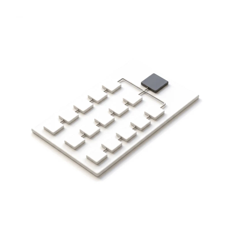 Three rows of white ceramic step tiles on steel rods, converging into one graphite tile.