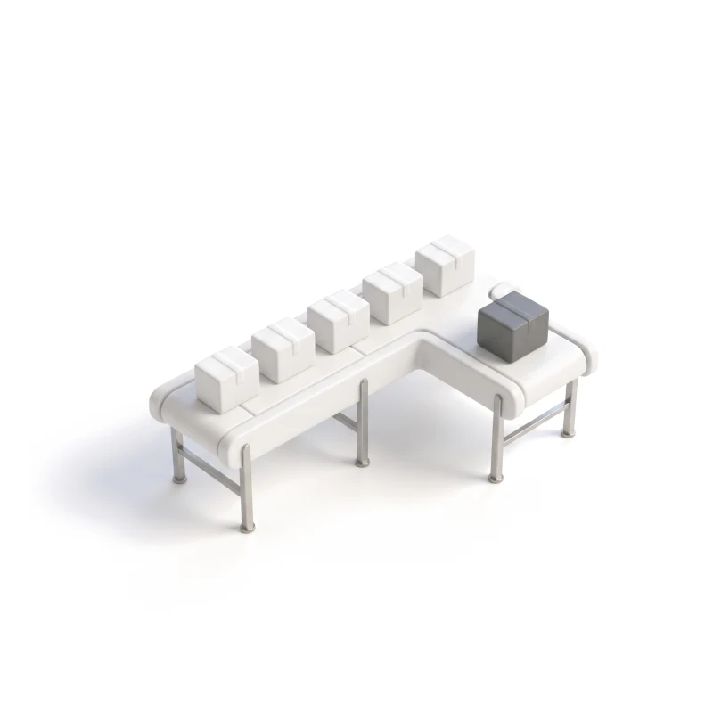 A short ceramic conveyor on steel legs with white parcels, one graphite parcel diverted to a side branch.