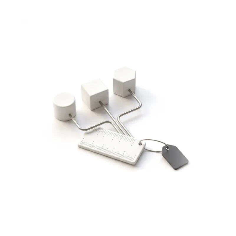 Three ceramic source blocks piped by steel into one metric tile, a graphite label tag hanging from it.