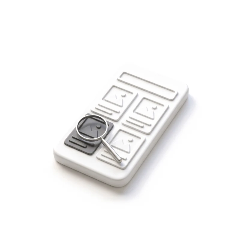 A white ceramic phone carved with a search bar and listing cards, a steel magnifier over the graphite one.