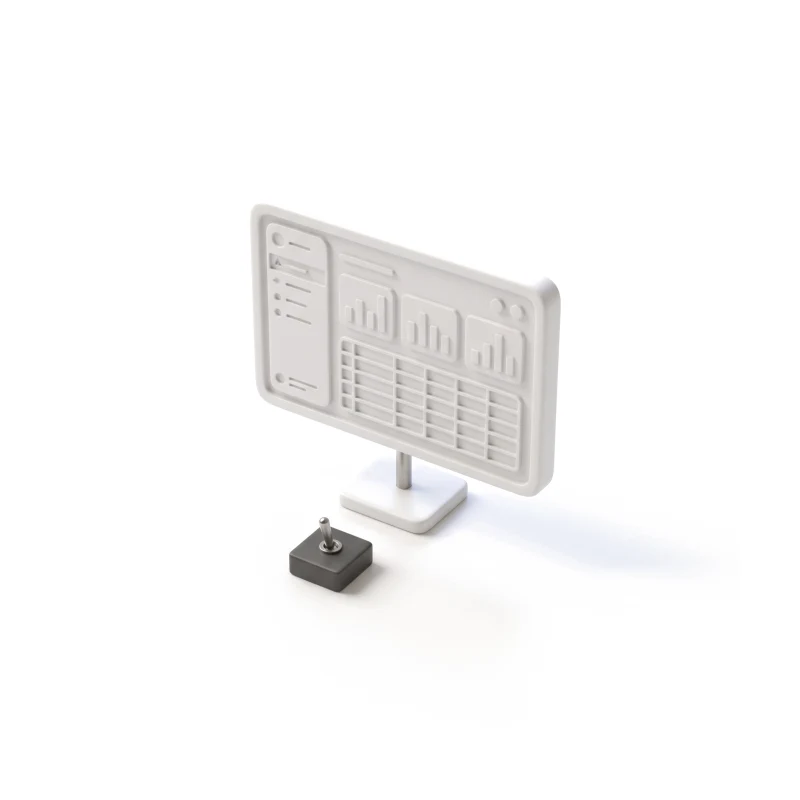 A white ceramic monitor carved with an admin dashboard, a graphite toggle switch in front of it.