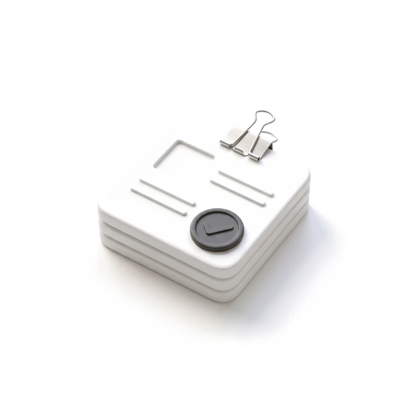 A clipped stack of white ceramic listing cards with a graphite check-mark seal on top.