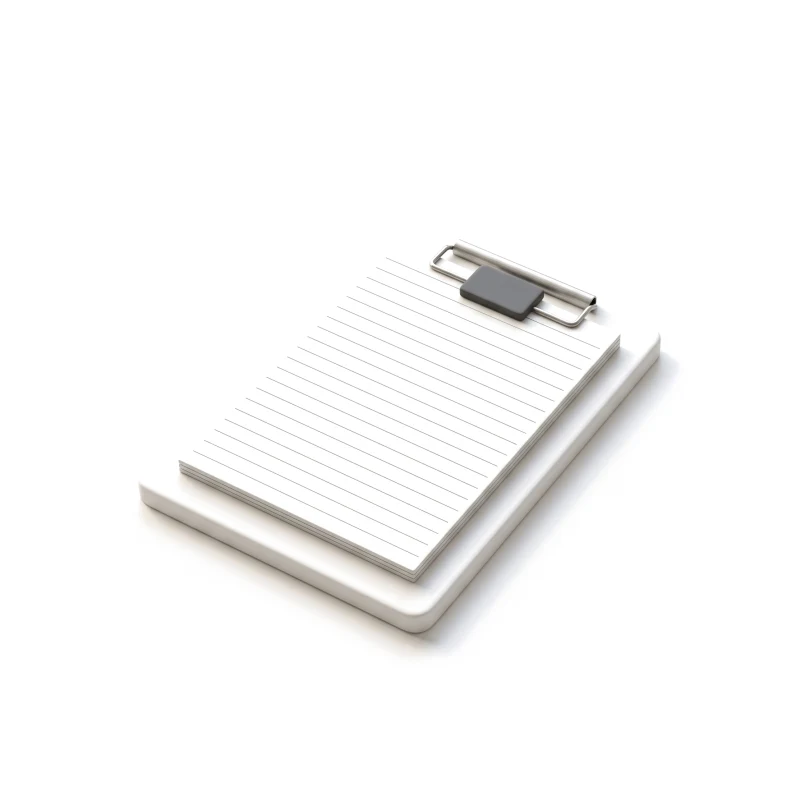 A white ceramic clipboard of ruled cards under a steel clip with a graphite tab.