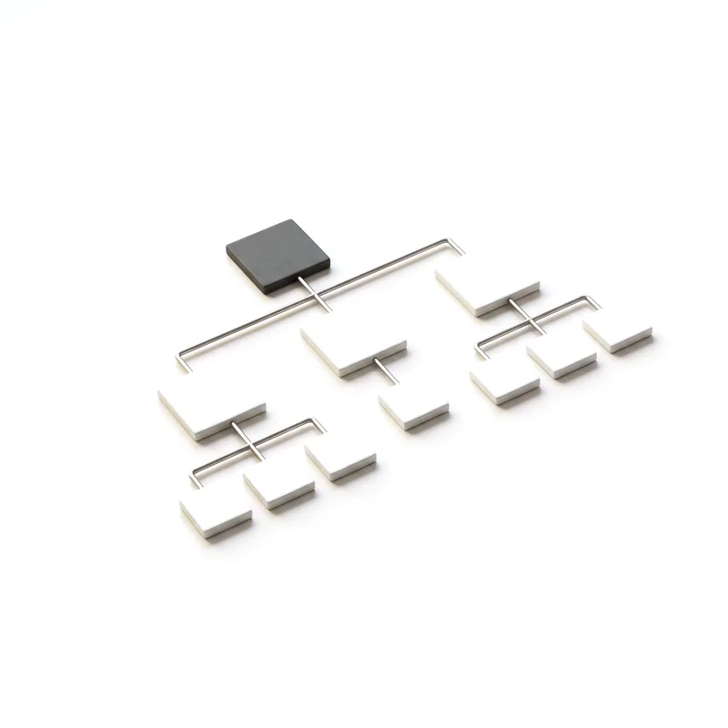 A sitemap built of white ceramic tiles on steel rods, a graphite tile at its root.