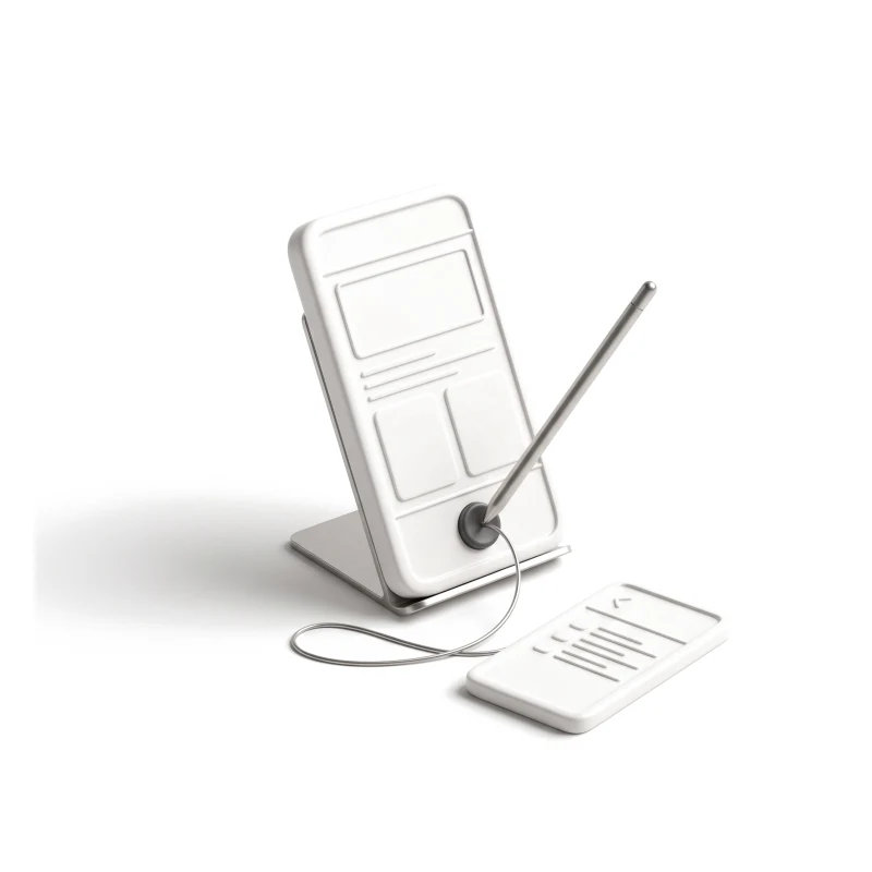 A steel stylus taps the graphite button of a white ceramic wireframe phone, a wire leading to the next screen.