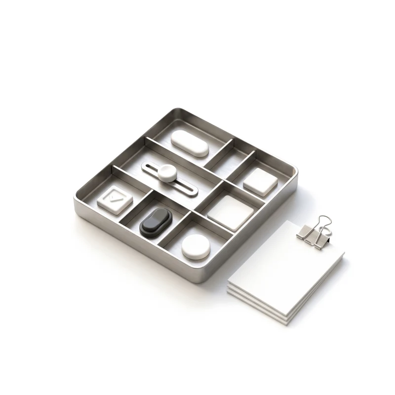 A steel tray of white ceramic interface parts with one graphite toggle, beside a clipped stack of sheets.