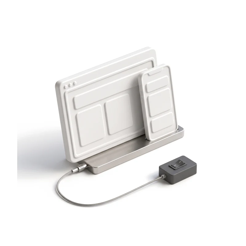 A white ceramic browser window and phone standing in one steel stand, cabled to a switched-on graphite power block.