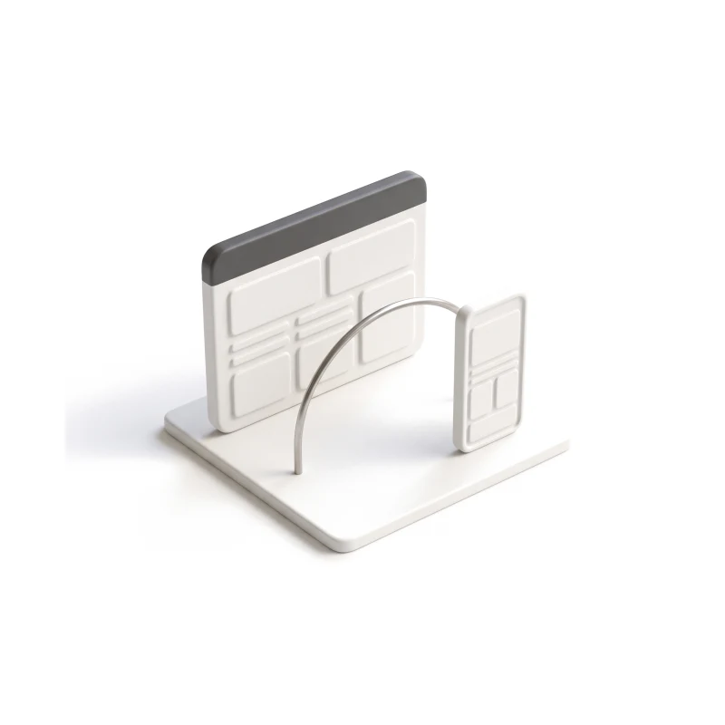 An upright ceramic browser window with a graphite header and a smaller ceramic phone slab on one plate, joined by a thin steel arch.