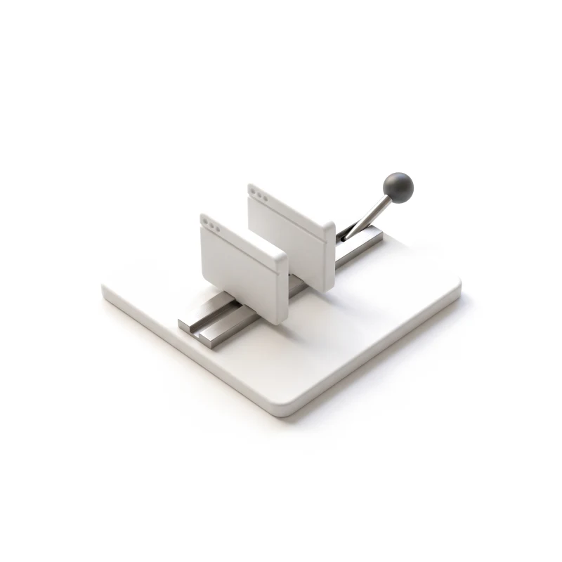 Two ceramic browser tiles on a steel rail, one set behind the other, with a steel switch lever and a graphite knob at the rail's end.