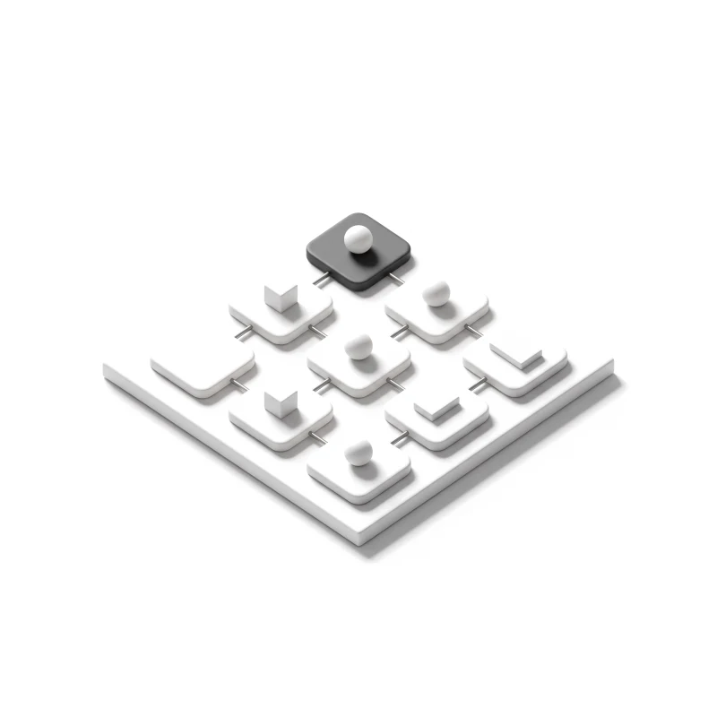 A ceramic base plate carrying a grid of page tiles joined by steel rods, each topped with a flat slab, a cube or a sphere, one tile in graphite.