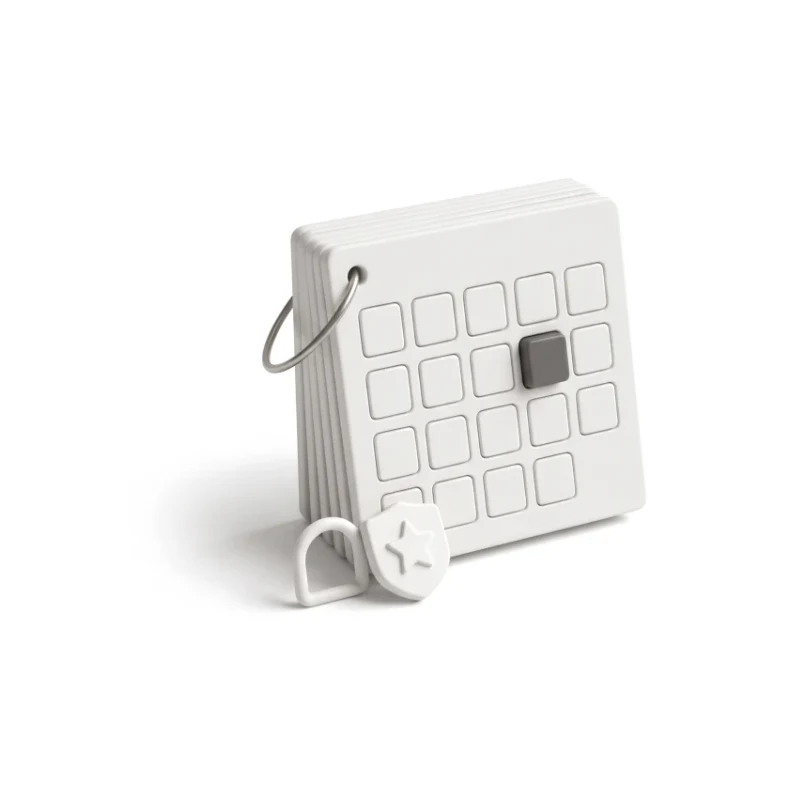 A ceramic calendar block on a steel ring with one graphite day raised, a leash loop and a star badge beside it.
