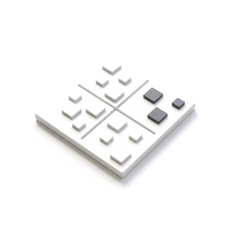 A white ceramic plate split into four quadrants by steel rods, three graphite tiles in one corner.