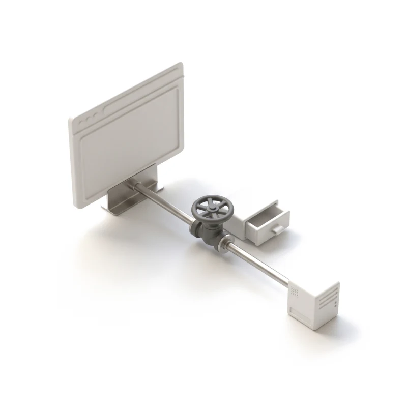 An upright ceramic browser window joined by a steel pipe to a small ceramic server box, a ceramic drawer and a graphite valve wheel on the pipe.