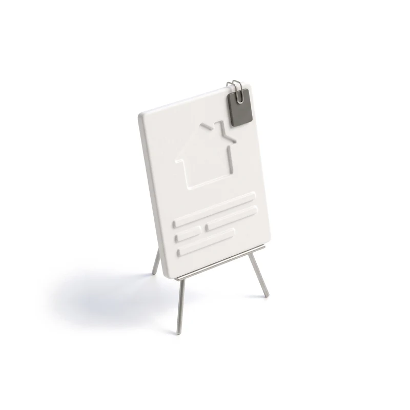 A ceramic listing card on a steel easel, a graphite status tag clipped to its corner.
