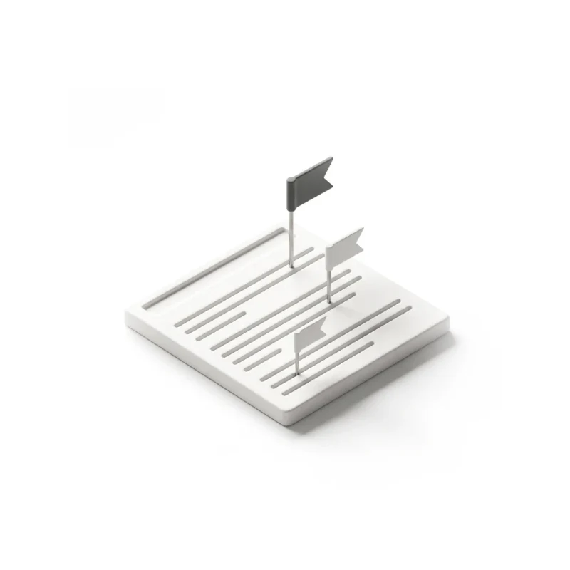 A ceramic web-page slab with three flag pins of different heights, the tallest in graphite.