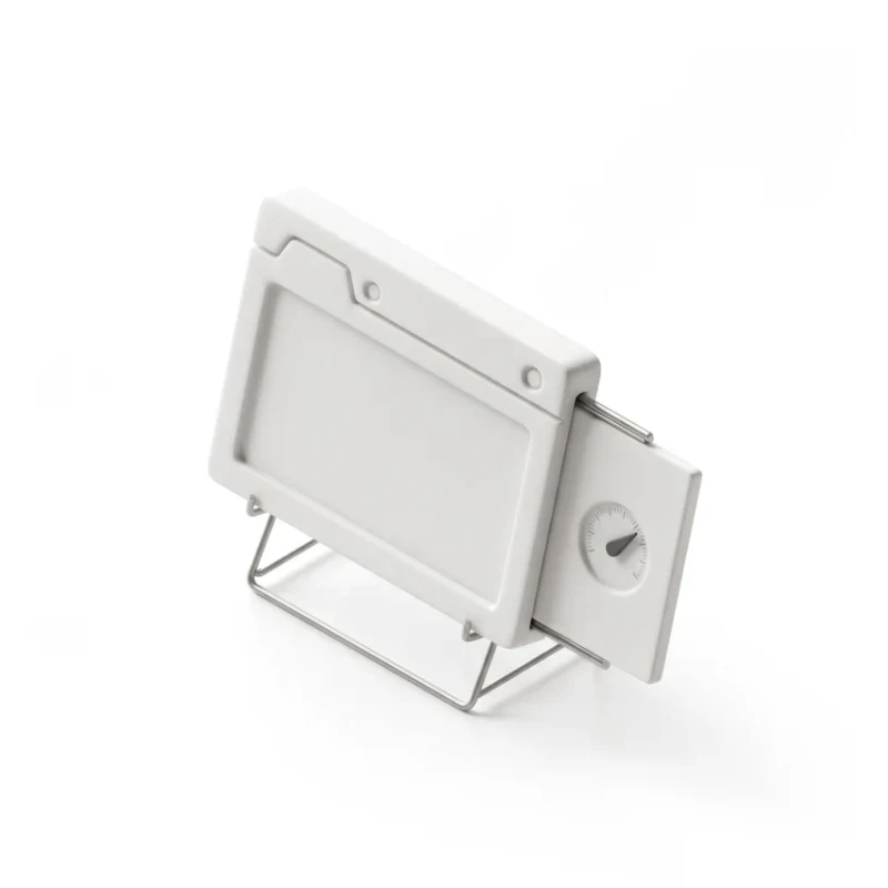 A ceramic browser window with a slim side panel sliding out on steel rails, a small gauge in the panel with a graphite needle.