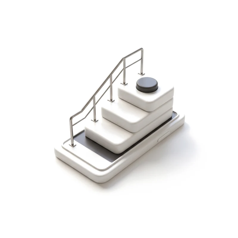 A white ceramic phone with three ceramic steps rising from its screen, a steel handrail and a graphite start button on top.