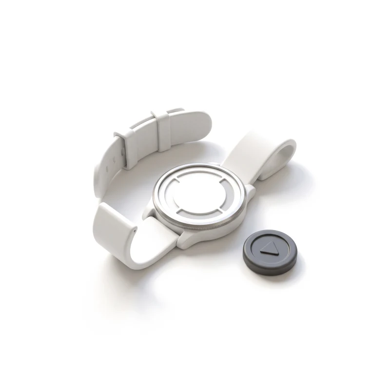 A white ceramic sports watch with a steel bezel and a ring gauge, a graphite play button beside it.
