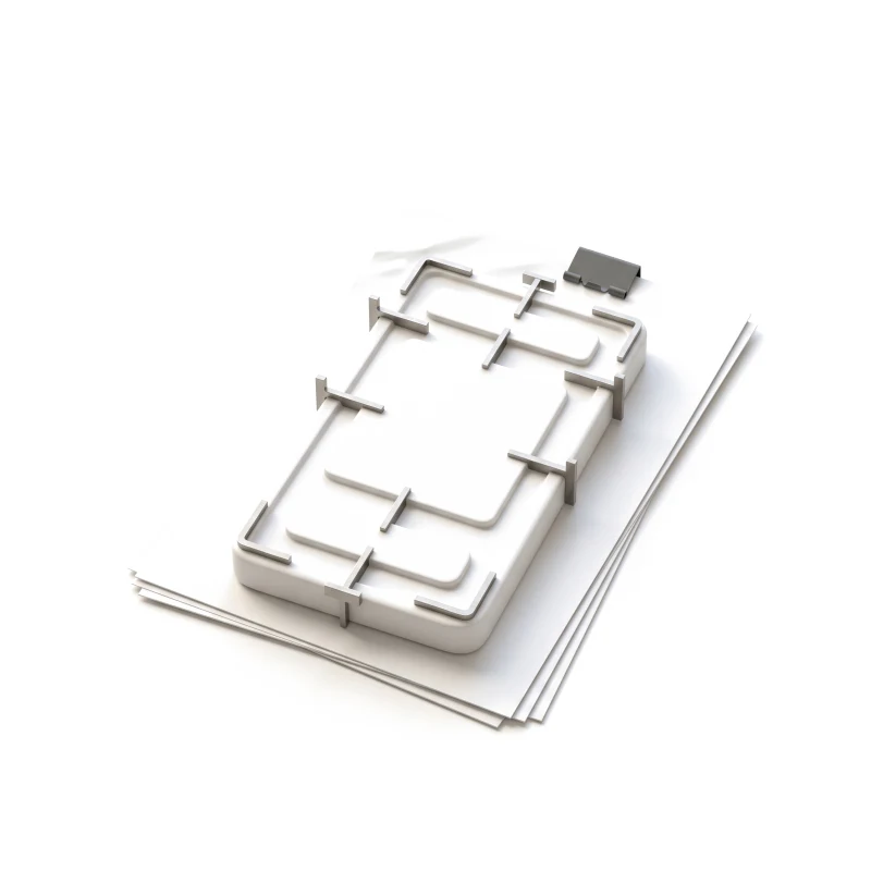 A white ceramic app screen marked with steel dimension brackets, on a stack of sheets with a graphite clip.