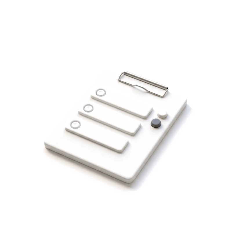 A white ceramic clipboard with three task bars and two participant tokens, one graphite.
