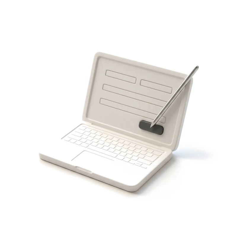 A white ceramic laptop showing a form wireframe, a steel stylus resting on its graphite button.