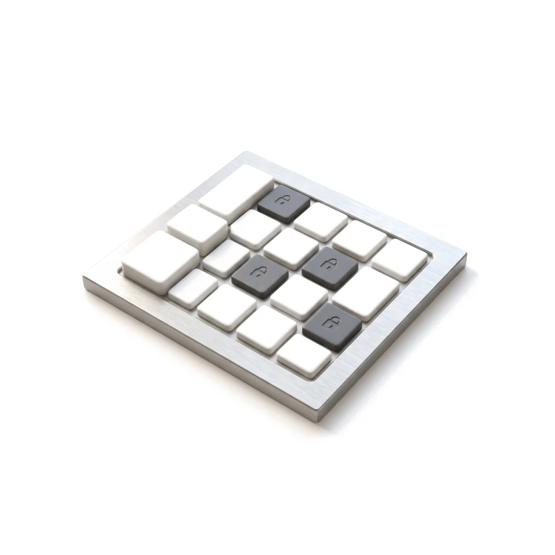 A grid of white ceramic tiles in a brushed-steel frame, four of them graphite with a small padlock.