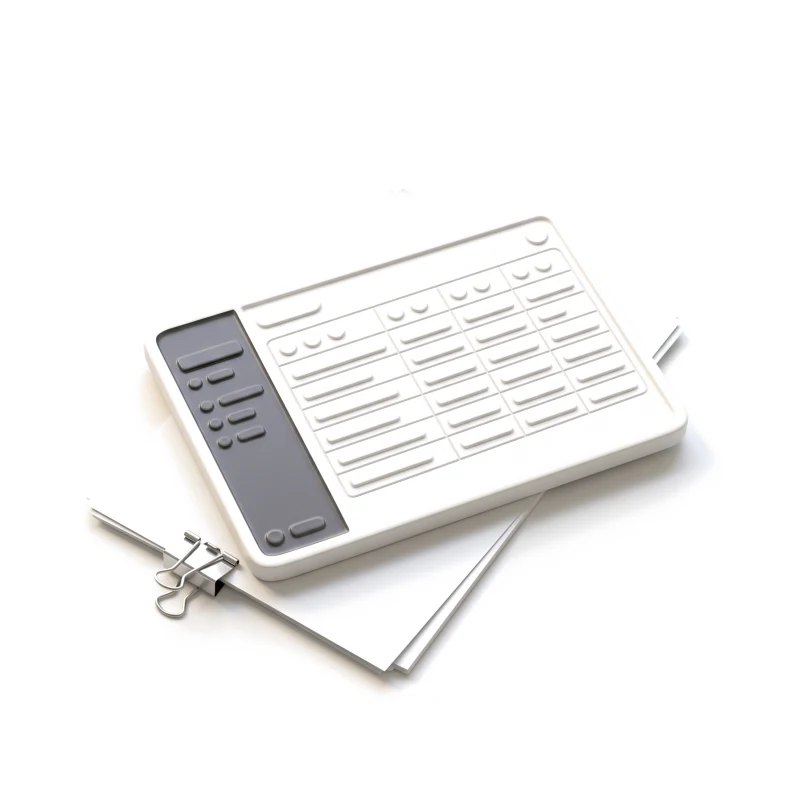 A white ceramic web app screen with a table and a graphite sidebar, on a clipped stack of sheets.