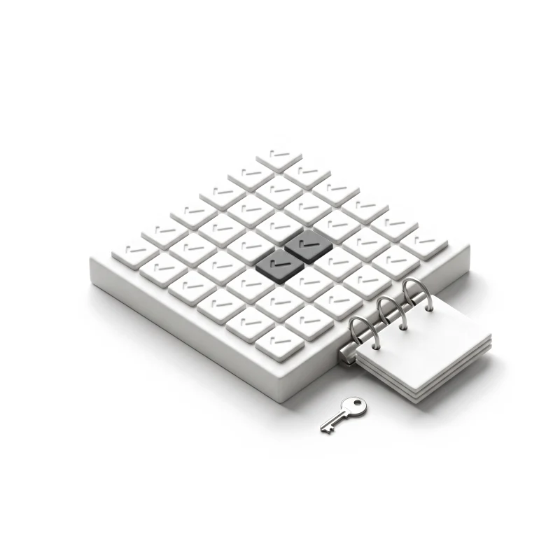 A white ceramic tablet of raised check-marked tiles with two in graphite, a steel ring binder of ceramic cards leaning on it and a small steel key in front.
