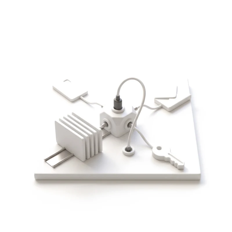 A ceramic hub on a base plate, cabled to card, envelope and key blocks, with a stack of ceramic record cards sliding in on a steel rail and one graphite plug seated in the hub.