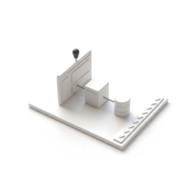 A white ceramic plan board with a browser slab, a server box and a database cylinder joined by steel rods, a graphite pin on the first, a strip of raised checks along its edge.