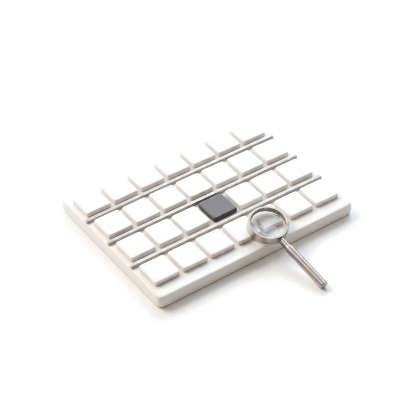 A white ceramic board of small tiles in rows split by steel strips, one tile graphite, a steel magnifier resting on it.
