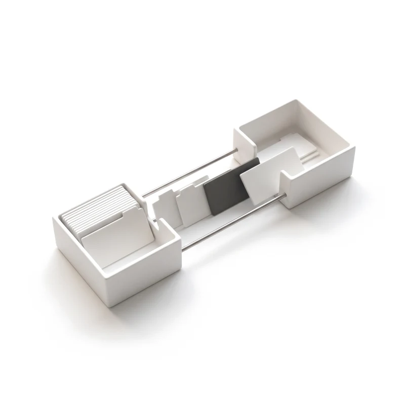 Two open ceramic card boxes joined by thin steel rails, cards sliding from one to the other, one card graphite.