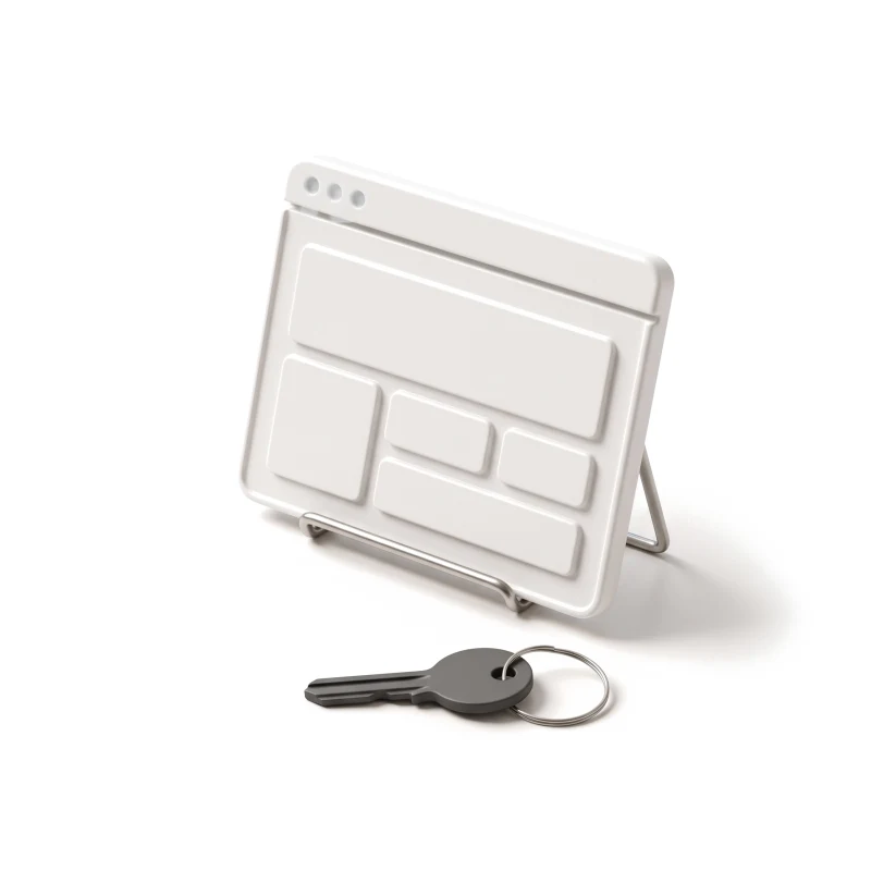 A ceramic browser window on a steel stand, a graphite key lying in front of it.