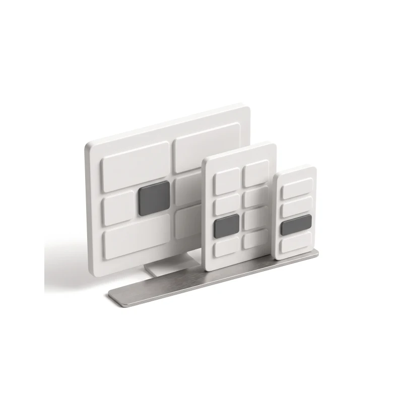 A ceramic desktop, tablet and phone in a row, the same blocks rearranged on each.
