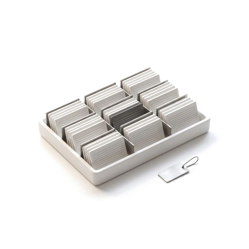 A white ceramic tray of labelled index cards sorted into rows, one card graphite, a steel tag lying beside it.