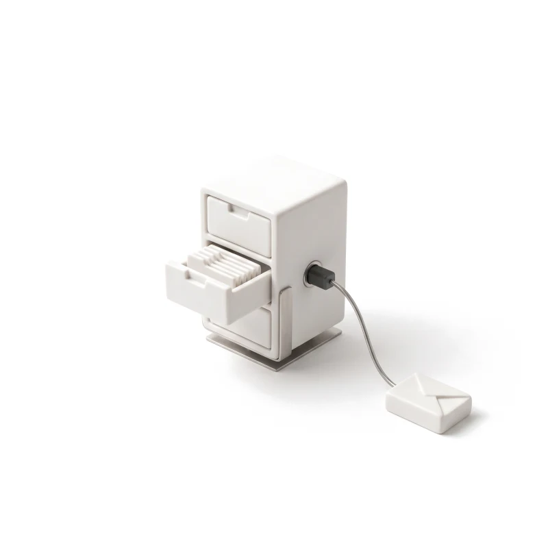 A small ceramic filing cabinet with one drawer of cards pulled open, a graphite plug in its side and a steel cable running to a ceramic envelope.