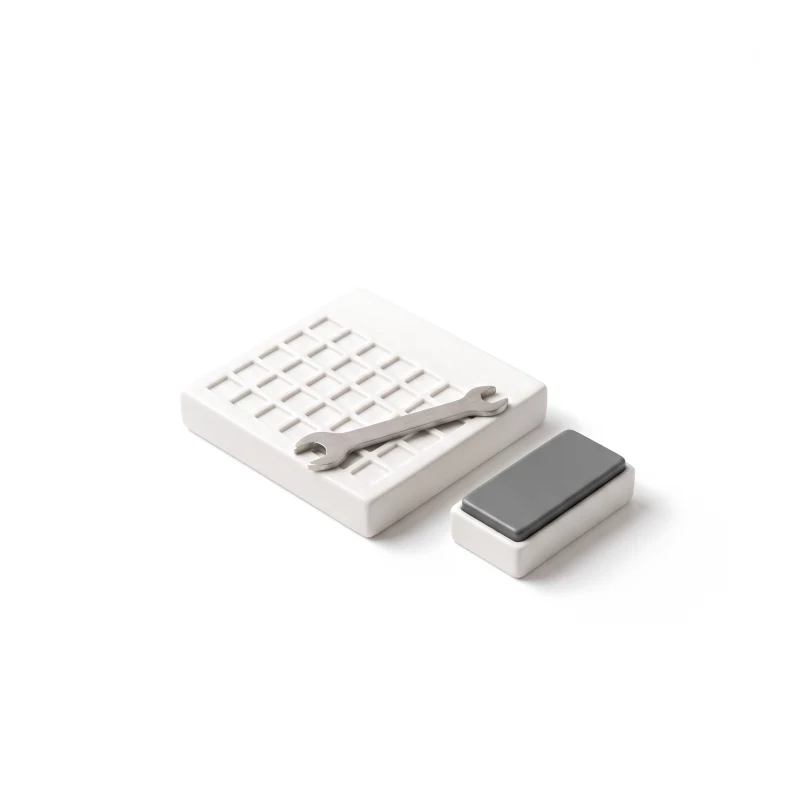 A ceramic calendar block carved with day squares, a steel wrench across it, and a small ceramic box with a graphite lid beside it.