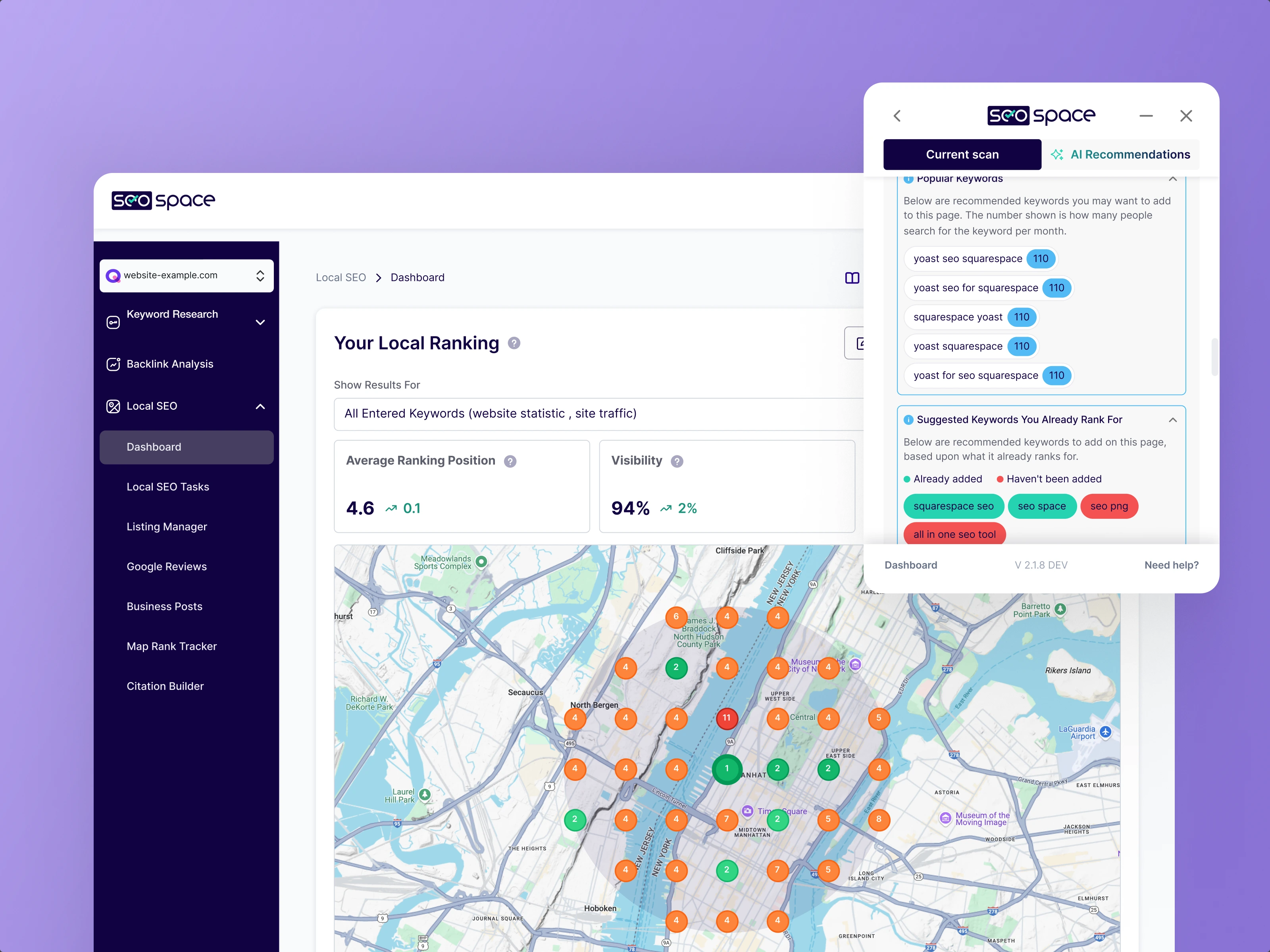 SEOSpace local ranking dashboard beside the browser extension's keyword recommendations