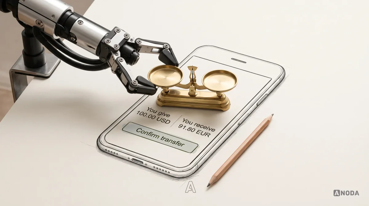 Mixed-media illustration: a real steel robotic arm sets a small brass two-pan scale on a drawn phone screen; the pans hang level over "You give 100.00 USD" and "You receive 91.80 EUR", with a "Confirm transfer" button below and a pencil beside the phone.