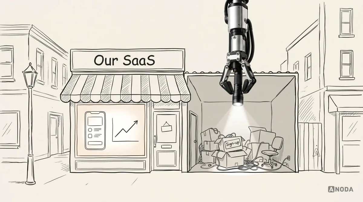 Mixed-media illustration: a real steel arm hanging from the top shines a real torch into a messy back room beside a drawn shop front labelled "Our SaaS", where a box labelled "Sign-up" sits among cardboard boxes and tangled cables.
