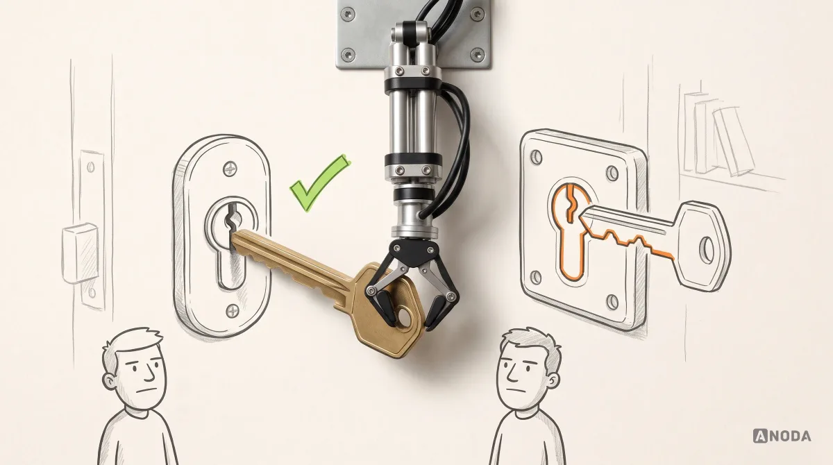 Mixed-media illustration: a real steel arm hanging from the top turns a real brass key in a drawn rounded lock marked with a lime tick, while beside it a second, squarer drawn lock shows a key whose teeth don’t match its keyway, marked in orange.