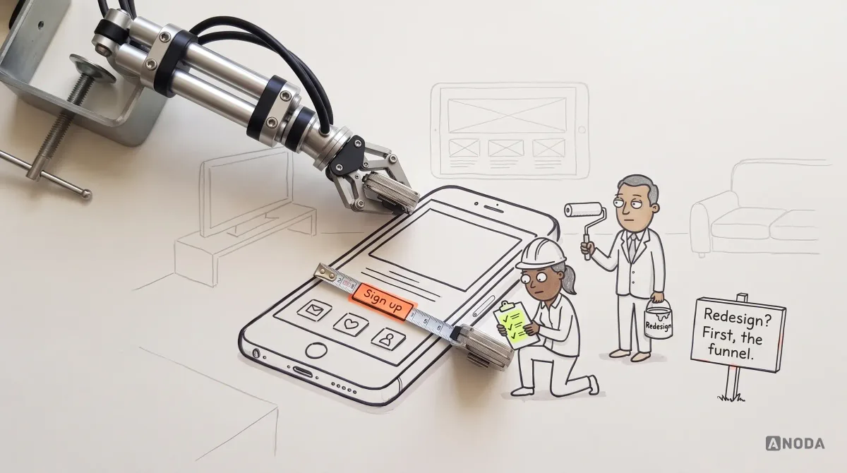 Mixed-media illustration: a real steel arm lays a real tape measure across a tiny "Sign up" button on a drawn phone laid out like a blueprint, while a drawn inspector ticks a clipboard, a client waits with a paint roller and a can labelled "Redesign", and a sign reads "Redesign? First, the funnel."
