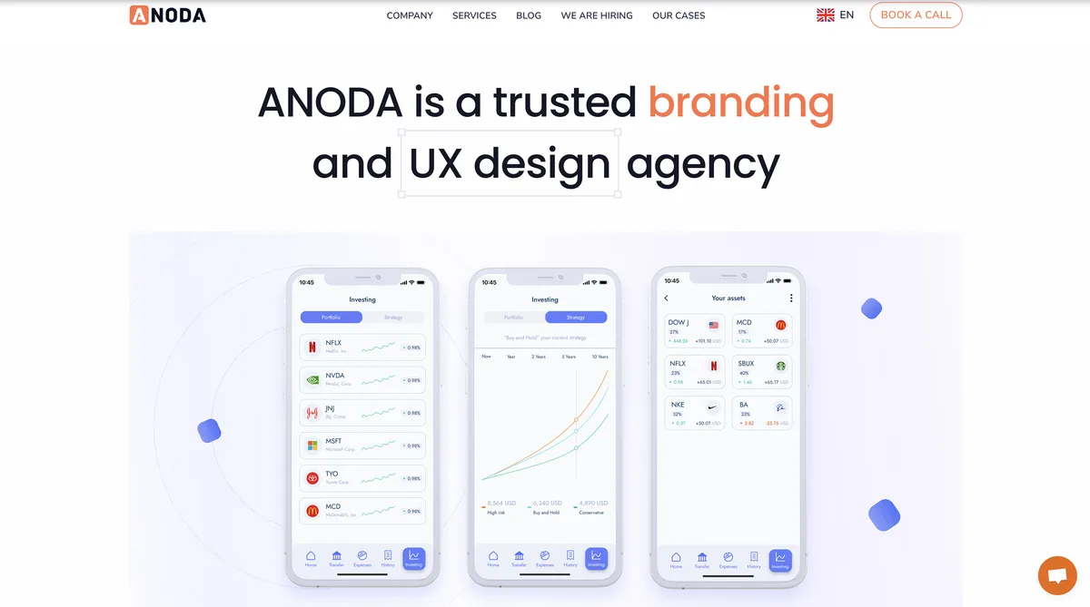 Historical ANODA homepage with investment-app mockups