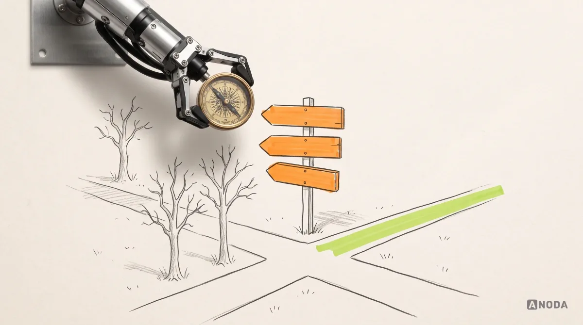 Mixed-media illustration: a drawn crossroads with bare trees and a signpost whose three arrow boards are blank and marked in orange, while a real steel arm from the top-left holds a real brass compass over it and one path is marked in lime.