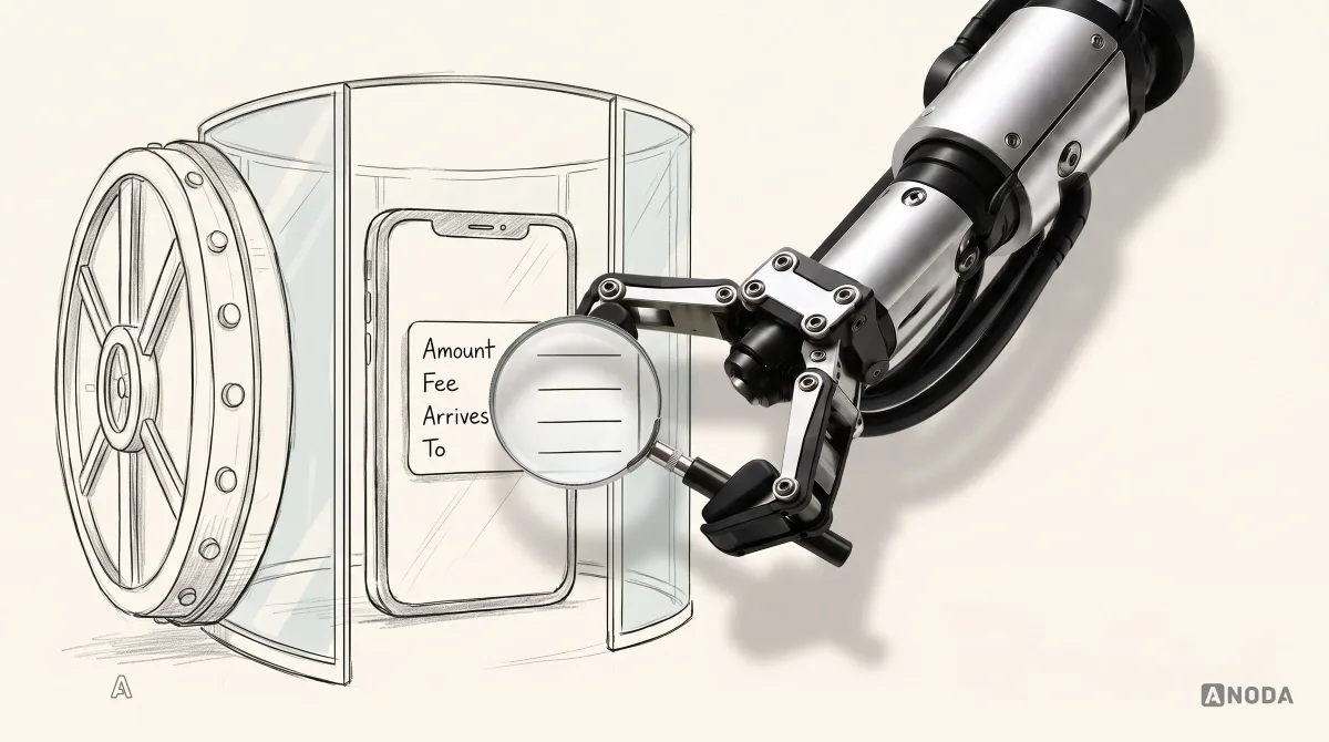 A steel robotic hand holds a real magnifying glass over a drawn phone standing inside an open glass-walled bank vault, its screen showing a payment summary with the rows Amount, Fee, Arrives and To.