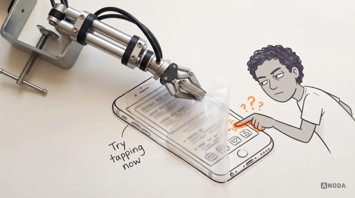 Mixed-media illustration: a real steel arm lays a real sheet of frosted plastic film over a drawn phone, blurring the small grey text and pale button beneath; a drawn user squints and pokes the screen, with a note reading “Try tapping now”.