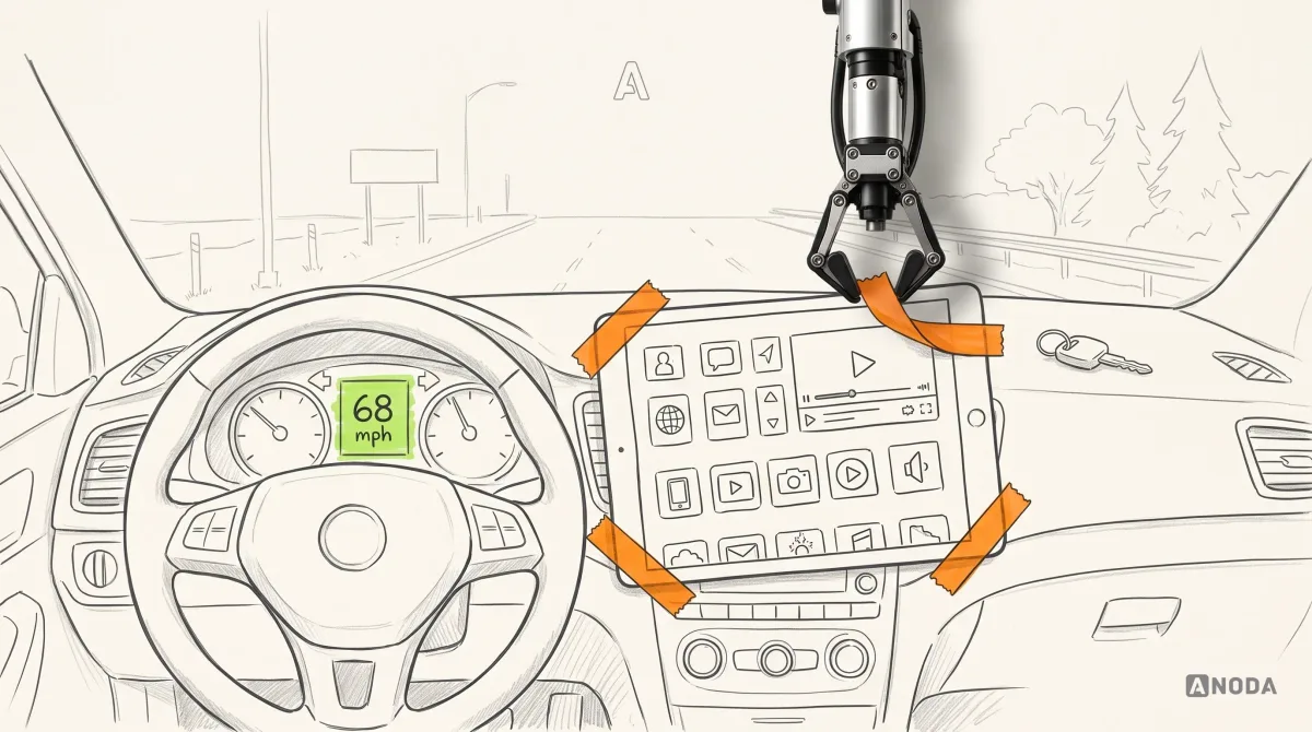 Mixed-media illustration: a drawn car dashboard with a large drawn tablet taped across its centre with strips of orange tape, its screen crowded with app tiles and a playing video, while the small instrument cluster behind the steering wheel reads "68 mph" in lime; a real steel robotic arm hanging from the top edge peels one strip of tape off the tablet.