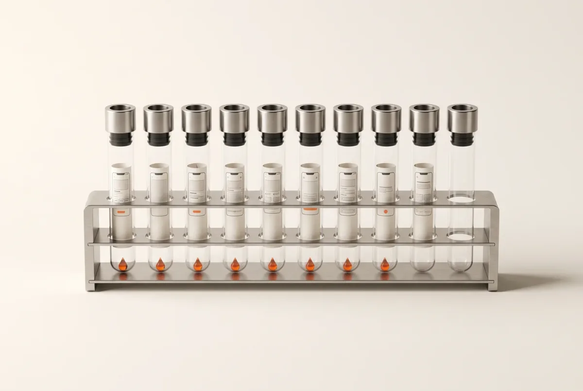 Ten glass test tubes in a brushed-steel rack, most of them holding a single orange drop.