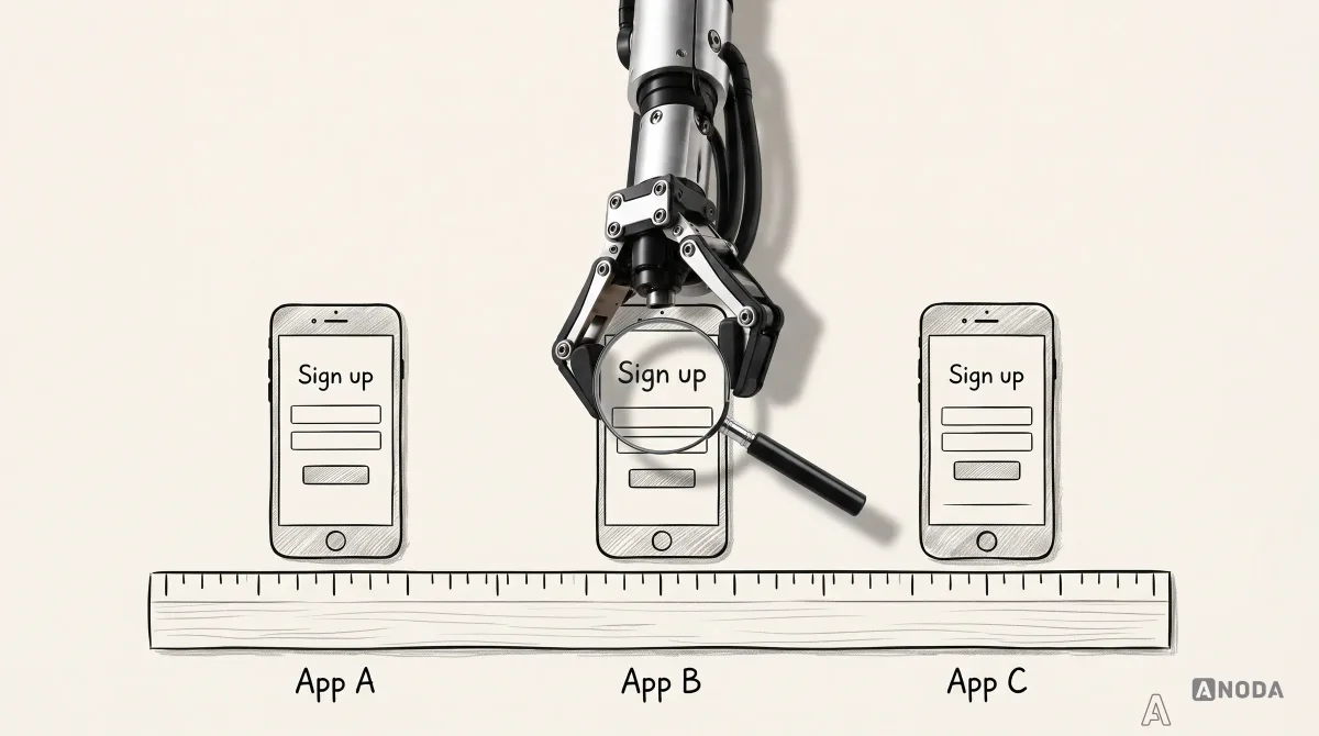 Mixed-media illustration: a real steel arm holds a magnifying glass over the middle of three drawn phones lined up above a long drawn ruler, each showing the same "Sign up" screen, labelled App A, App B and App C.