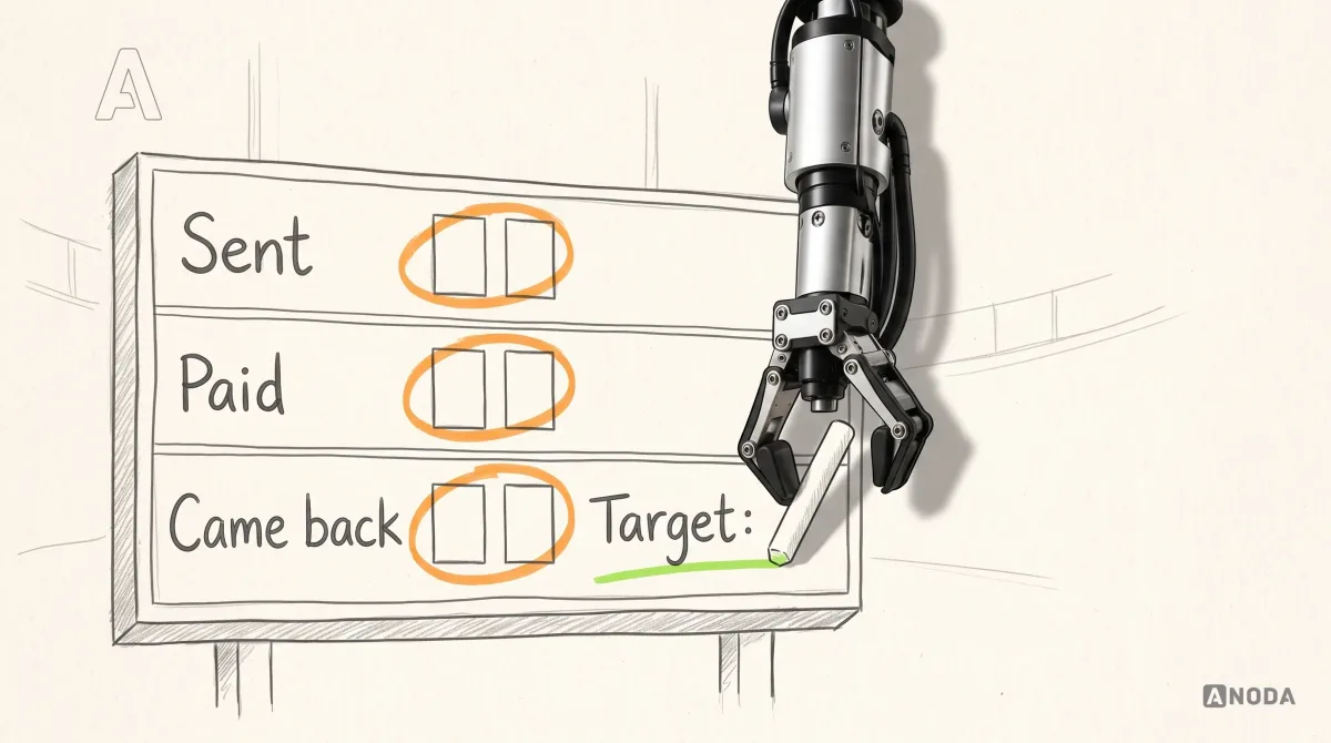 Mixed-media illustration: a drawn stadium scoreboard on paper has three rows labelled “Sent”, “Paid” and “Came back” with empty score boxes circled in orange; a real steel robotic arm hanging from the top edge writes next to the label “Target:” with a real stick of chalk, leaving a lime line.